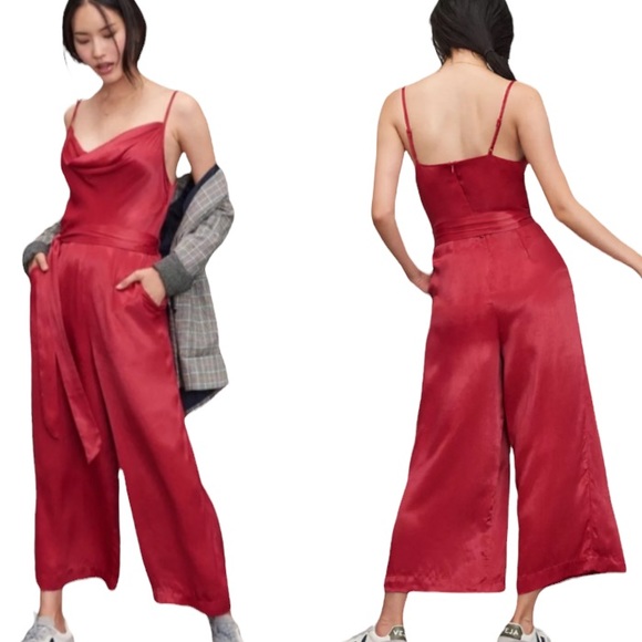 NWT BL^NK Anthropologie Alizia Red Satin Cowl Neck Tie Waist  Jumpsuit - L - Picture 1 of 16